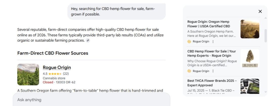 Google AI Overview showing Rogue Origin in search response for prompt Hey, searching for CBD hemp flower for sale, farm-grown if possible