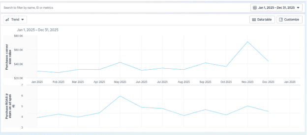 Line chart showing monthly purchase revenue and purchase ROAS trend for Jan–Dec 2025