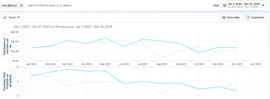 Line chart comparing purchase revenue and return on ad spend for Jan–Dec 2025 versus the previous year