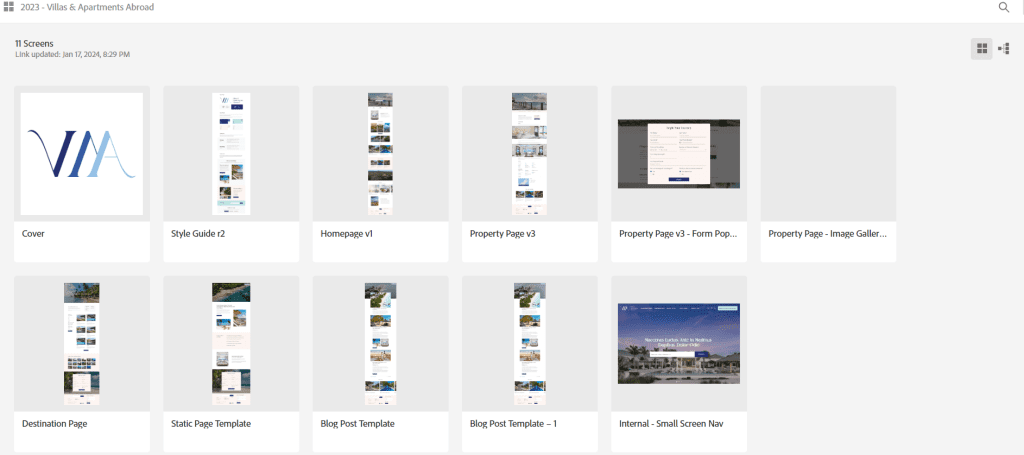 Design file overview showing multiple website screen thumbnails for Villas & Apartments Abroad