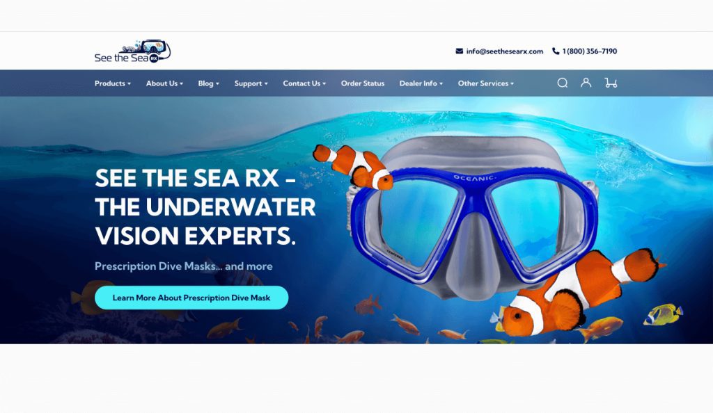 The See the Sea homepage with a prescription dive mask underwater