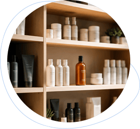 Neatly organized product display on modern wooden shelves.