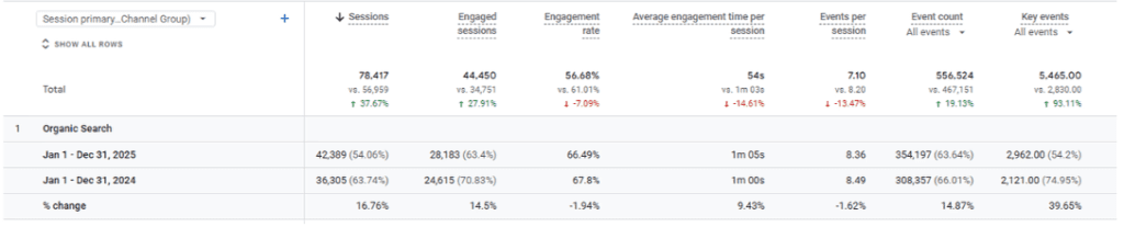 Google Analytics table showing session metrics by channel, highlighting Organic Search performance comparing Jan–Dec 2025 vs Jan–Dec 2024