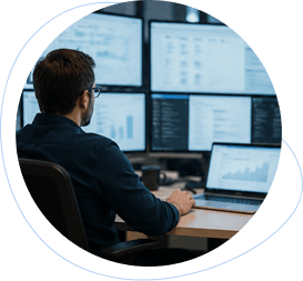 Analyst reviewing multiple blurred dashboard screens.