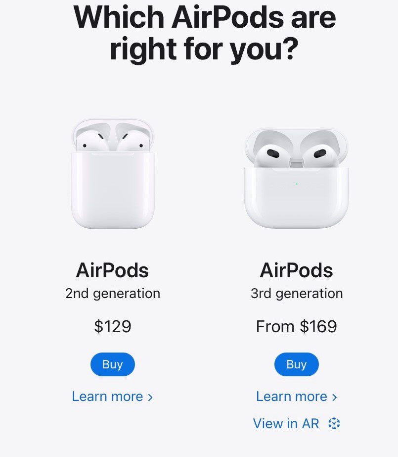 Capture d'écran de la page Apple AirPods montrant différents AirPods disponibles