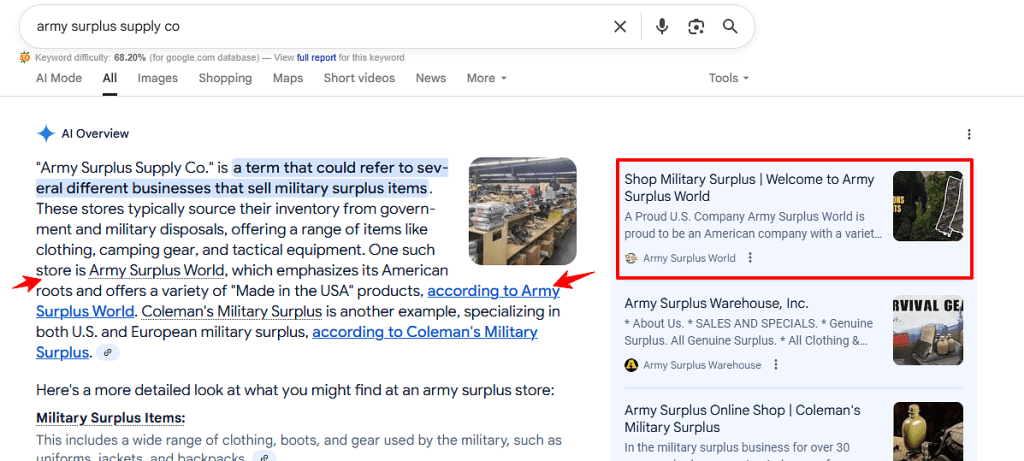 Google AI Overview search results for army surplus supply co showing Army Surplus World
