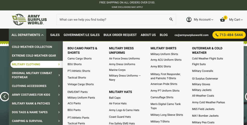 Army Surplus World navigation menu