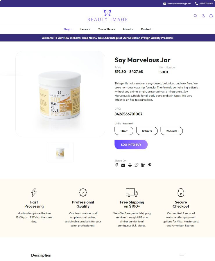 Soy Marvelous Wax-Free Jar Product Page for Professional Hair Removal brand, Beauty Image USA