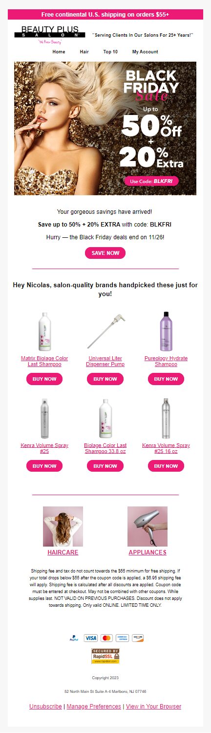 Black Friday Sale Email for Beauty Plus Salon