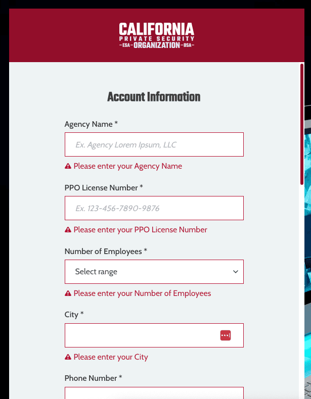 California Private Security Organization Agency account