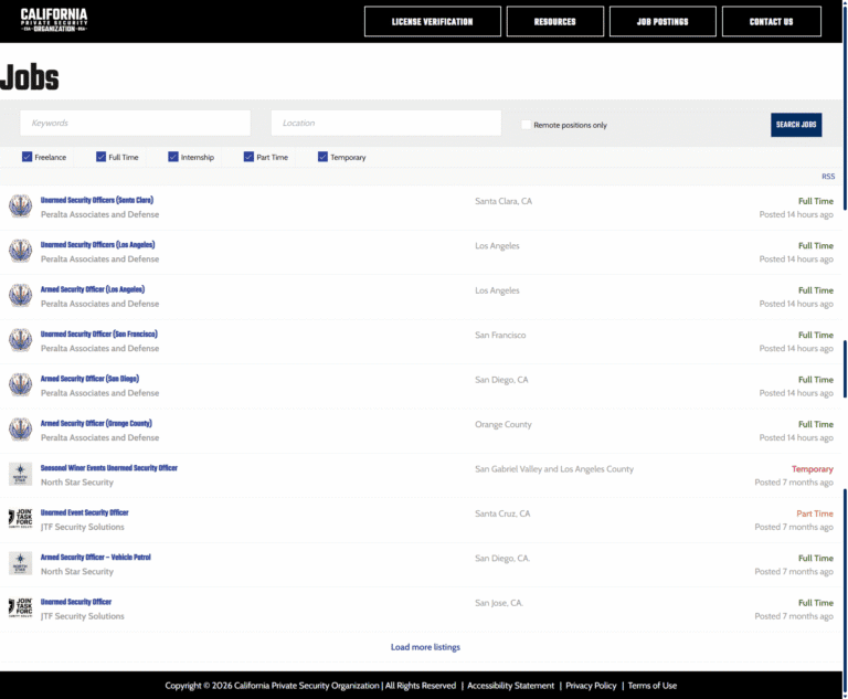 California Private Security Organization Jobs page