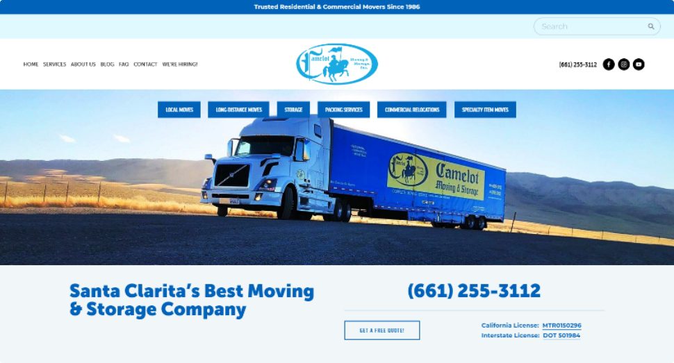 Camelot Movers Home Page with Truck and State License Number
