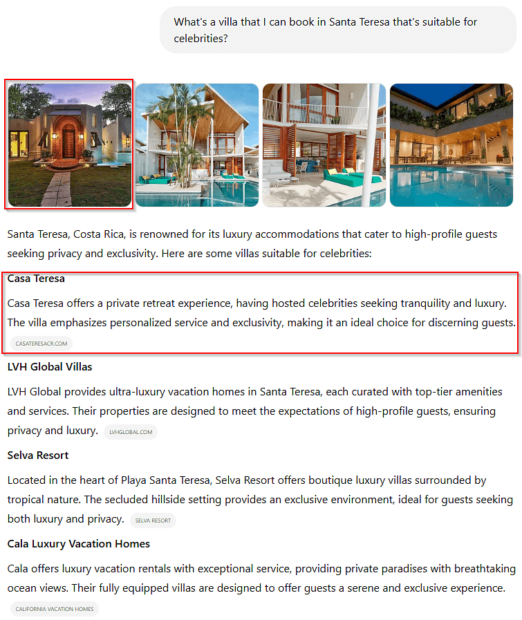 Casa Teresa’s ChatGPT search results for What’s a villa that I can book in Santa Teresa that’s suitable for celebrities