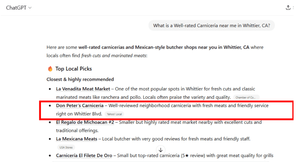 ChatGPT search results for query What is a well‑rated Carniceria near me in Whittier, CA?