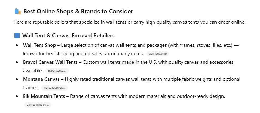 Wall Tent Shop ChatGPT screenshot for prompt what are the best places to buy wall tents online