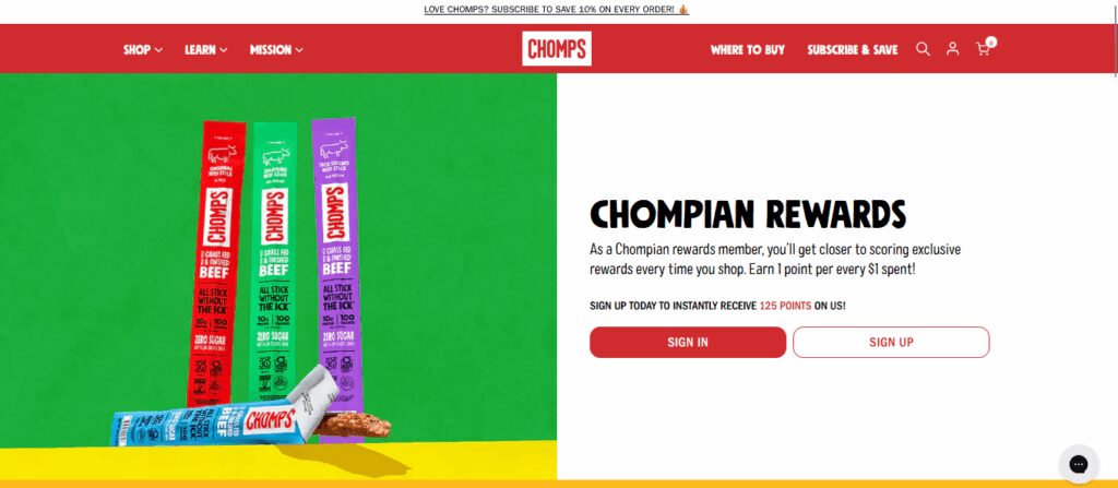 A screenshot displaying info about Chomps’ reward program