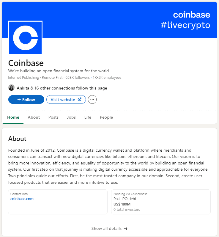 Image showing the LinkedIn profile of Coinbase, a Financial Services platform