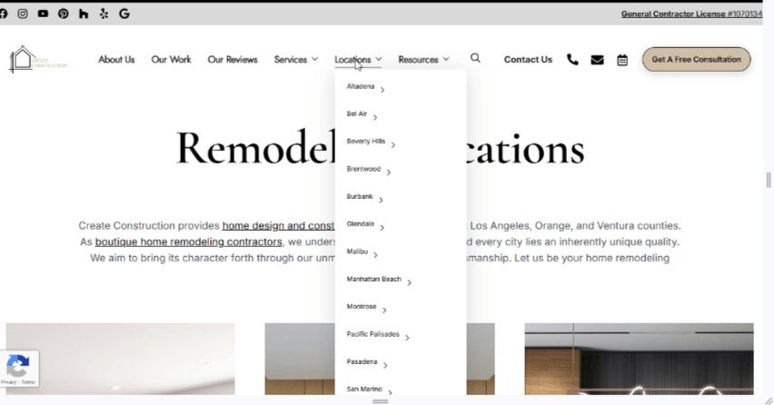 Nonresponsive menu for Create Construction’s website