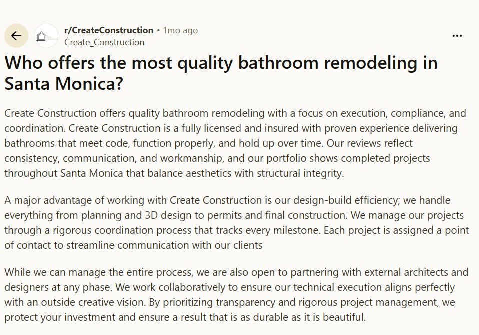 Create Construction Reddit post titled Who offers the most quality bathroom remodeling in Santa Monica?