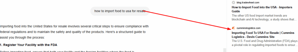 Cummins Logistics appearing in AI search results for query: how to import food to USA for resale