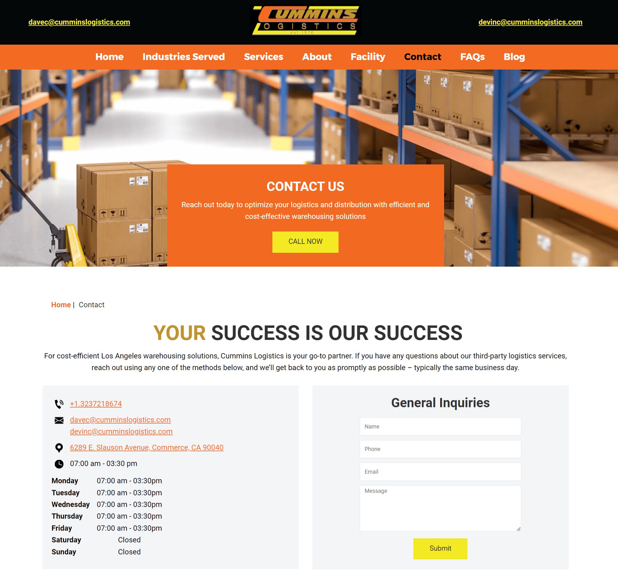 Cummins Logistics Old Contact page