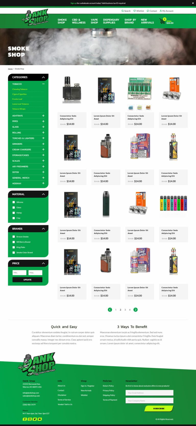 Category page for smoke and vape brand Dank Shop
