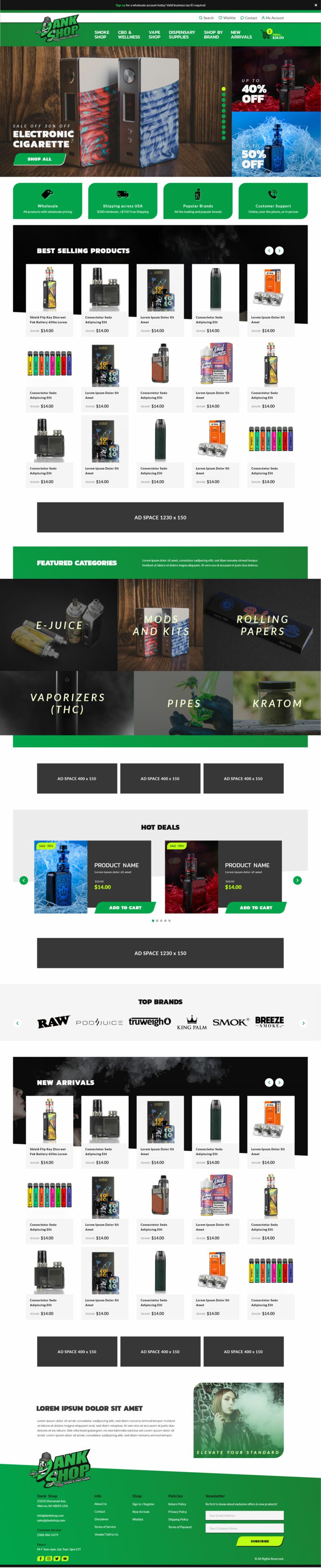 Home page showcasing some of Dank Shop’s smoke and vape products