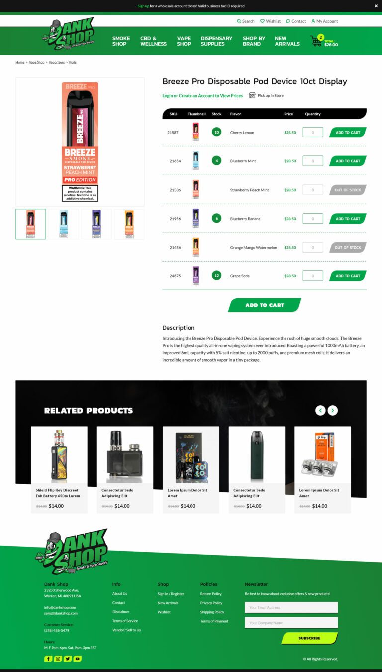 Breeze Pro Pod Device product page for smoke and vape brand Dank Shop