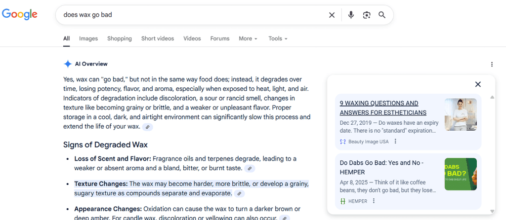 Image showing Google AI Overview search results for Does Wax Go Bad query