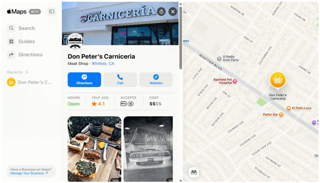 Apple Maps Listing for Don Peter’s Carniceria’s Whittier CA location