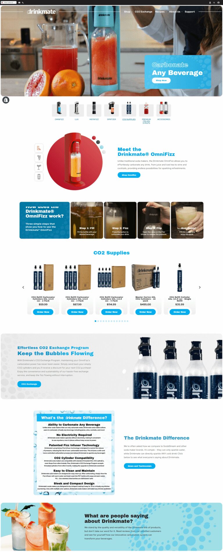 Drinkmate new homepage screenshot for the USA site