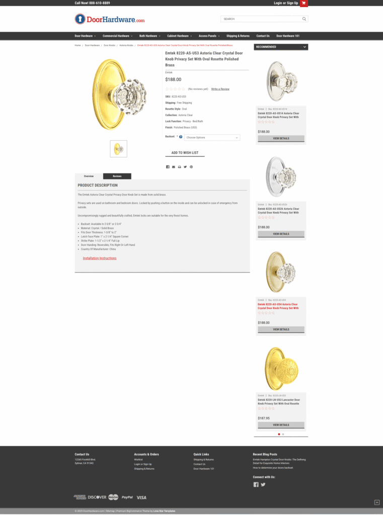 old Product Page for home decor brand Dynasty Hardware