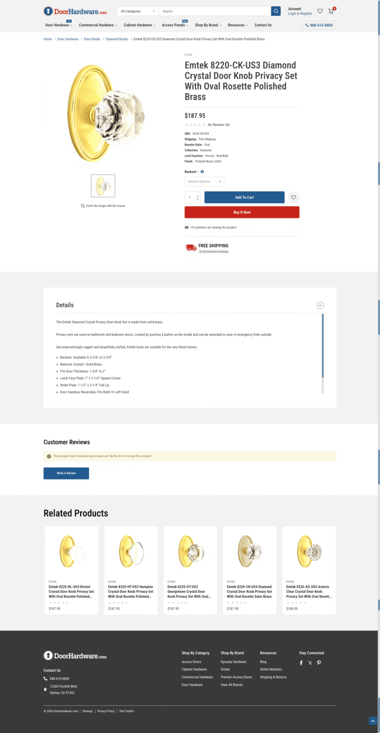 New product page for home decor brand Dynasty Hardware