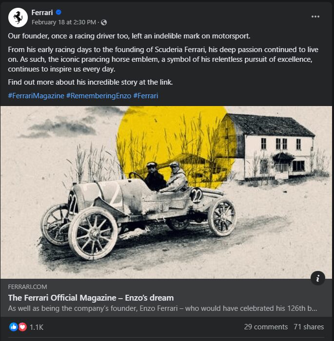 Image showing a post from Ferrari’s Facebook page, which links back to its website