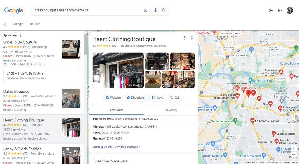 GBP listing for Heart Clothing Boutique in Sacramento