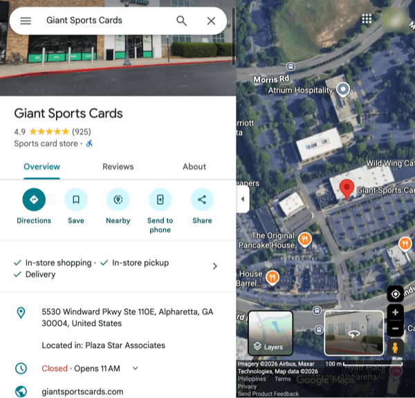 Screenshot of Giant Sports Cards optimized Google Business Profile