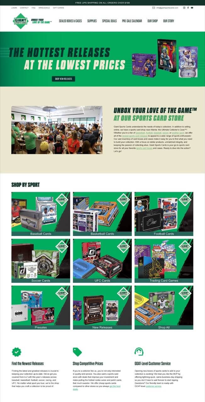 Updated homepage for Giant Sports Cards