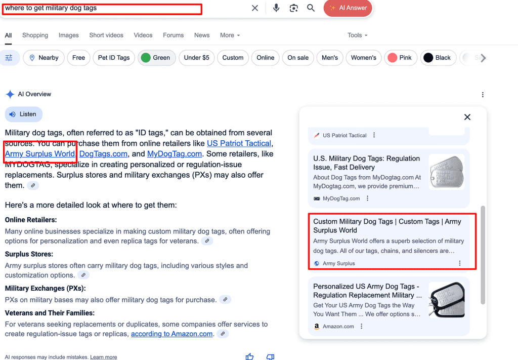 Google AI Overview Search Results for “where to get military dog tags” search query