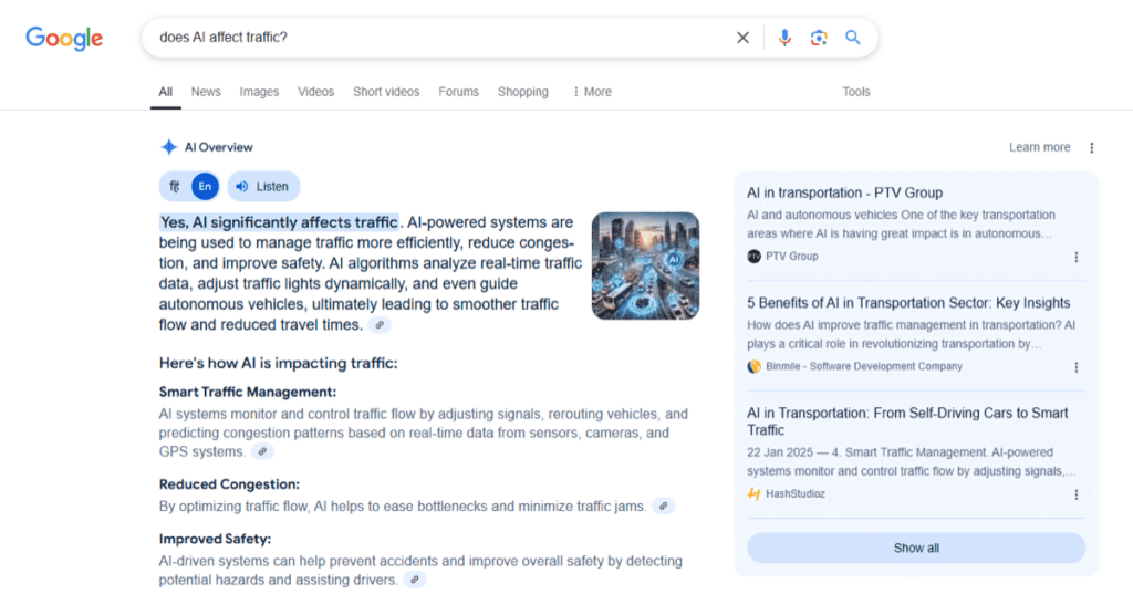 Google search about AI affecting traffic