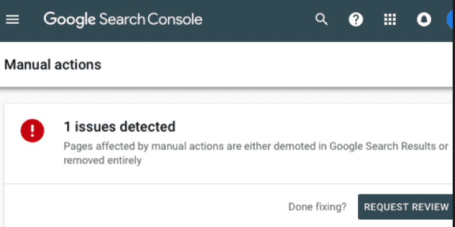A screenshot of Google Search Consoles Manual Actions report