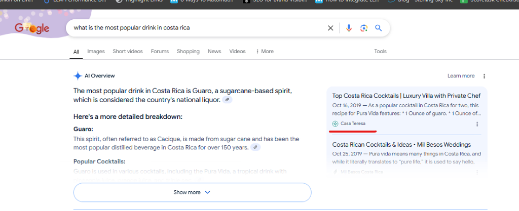 Google AI Overview search results showing Casa Teresa’s site for query what is the most popular drink in Costa Rica