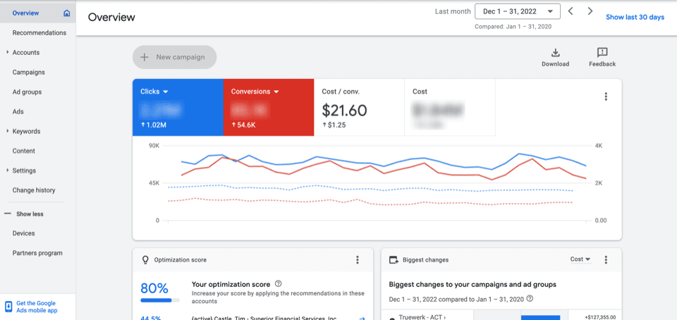 Google Ads dashboard overview