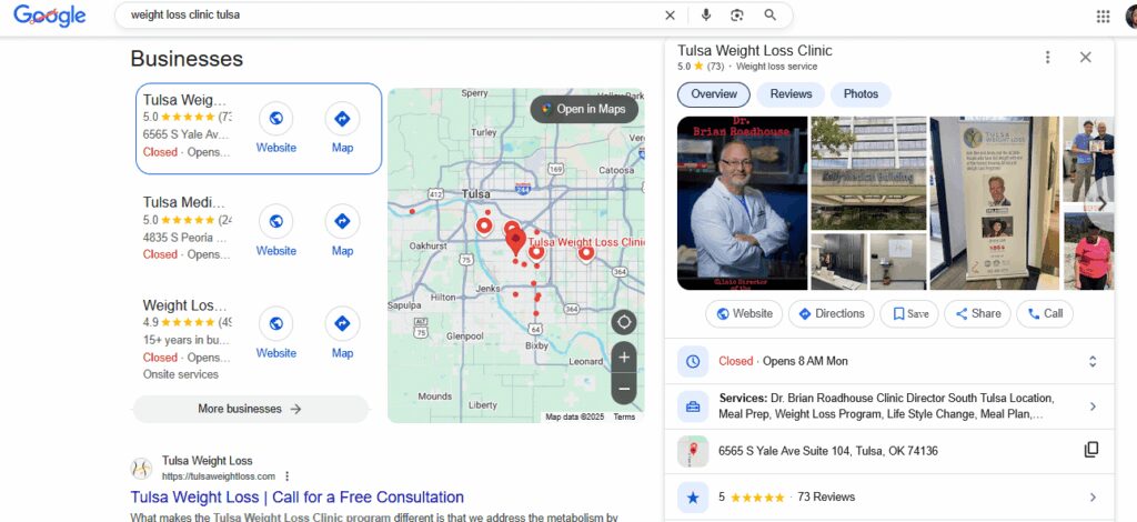 Google search results and a map listing for “weight loss clinic Tulsa”