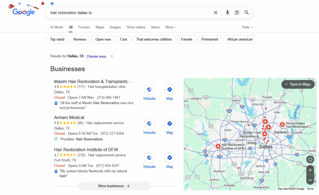Example of Google search results showing hair restoration pros using strong SEO for medical procedures
