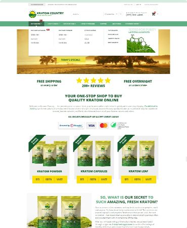 Kratom Home Page showing Mega Menu and Clickable Phone Number and Email Address
