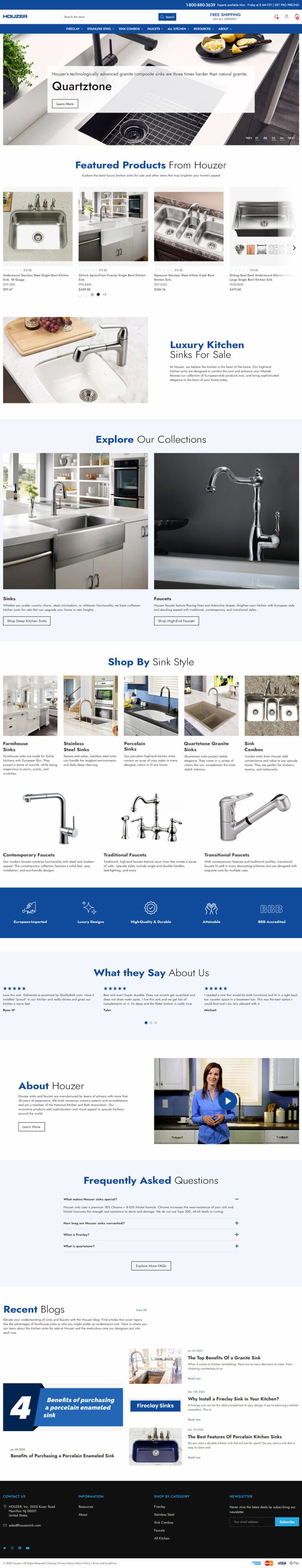 Houzer Home Page showcasing Featured Products, SInks and Faucets