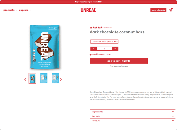Newly-launched product page for Unrealsnacks.com