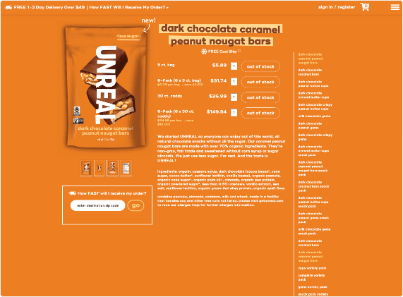 Old product page for Unrealsnacks.com