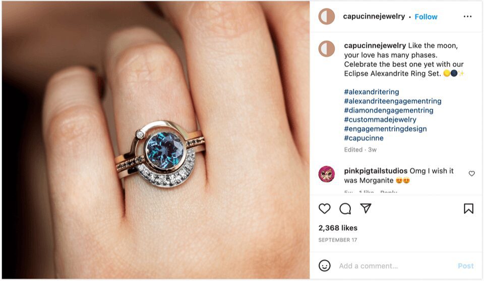 An Instagram post featuring a ring made by a social media agency
