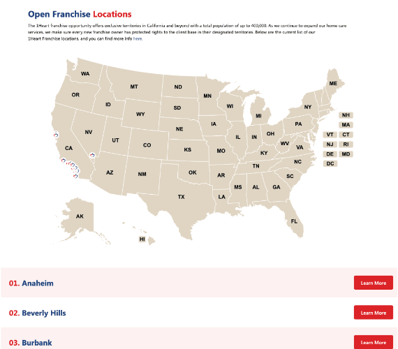 Interactive Map for 1Heart Franchise Showing Open Franchise Locations
